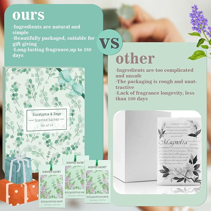 Sachets for Drawers and Closets, Eucalyptus Sage Sachets Bags, Pack of 14, Home Fragrance Sachet for Wardrobe, Closet, Drawer
