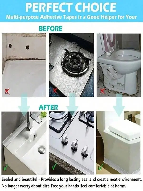White Waterproof Caulk Tape 3.2m Self-Adhesive Sealing Tape for Bathroom Kitchen Sink Toilet Tub Edges Easy Application & Durability.